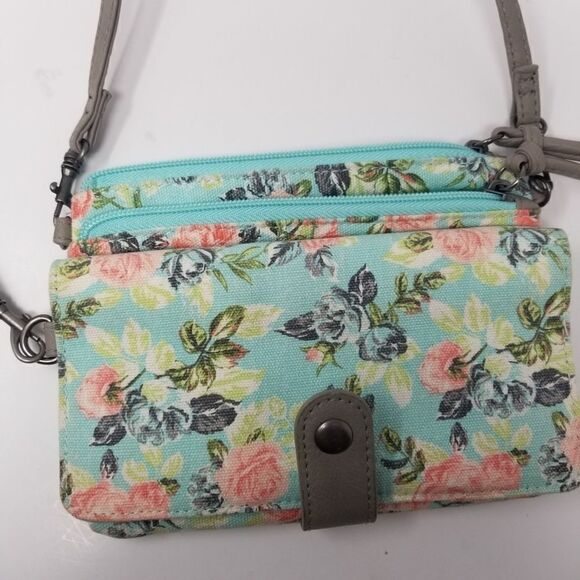 Mint Pink Floral Canvas Like Crossbody/Wristlet Bag. - Picture 13 of 14